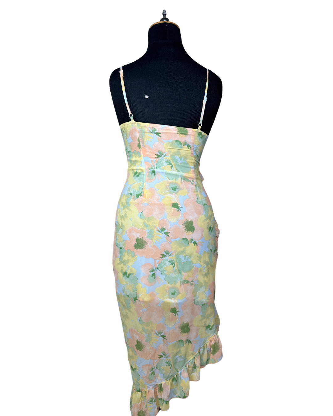 Floral Ruffle Asymmetrical Midi Dress – Pastel Slip Style