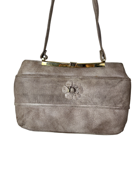 Vintage Genuine Leather Shoulder Bag with Floral Accent
