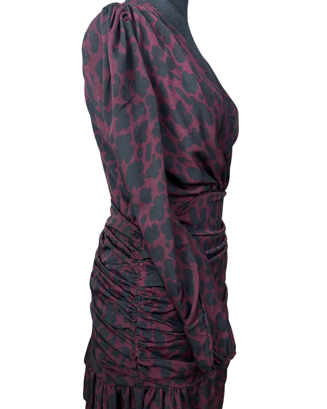 Plum Leopard Print Ruched Faux-Wrap Dress