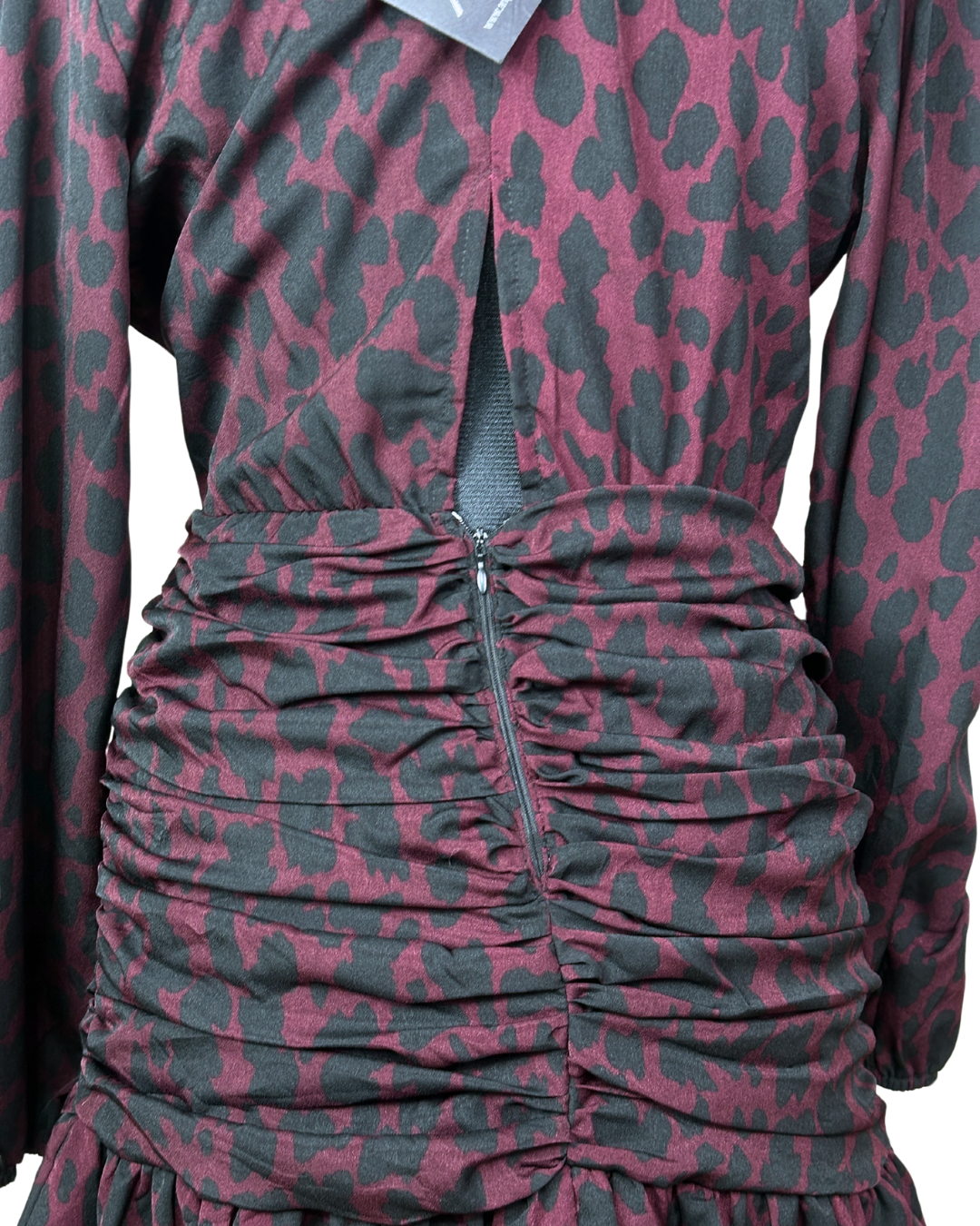Plum Leopard Print Ruched Faux-Wrap Dress