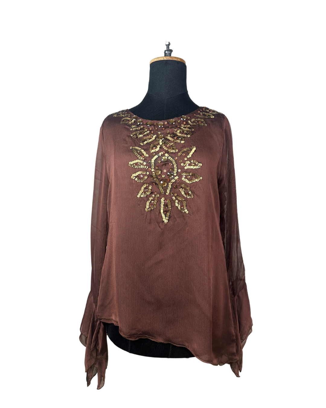 Sequin Embroidered Asymmetrical Blouse with Bell Sleeves