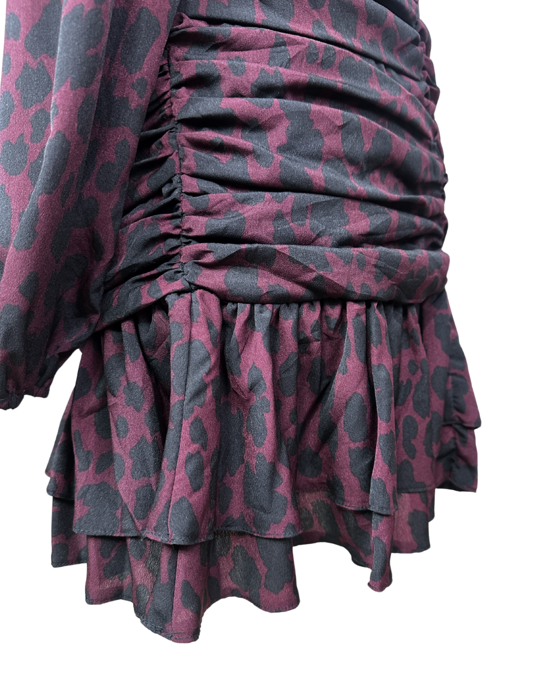 Plum Leopard Print Ruched Faux-Wrap Dress