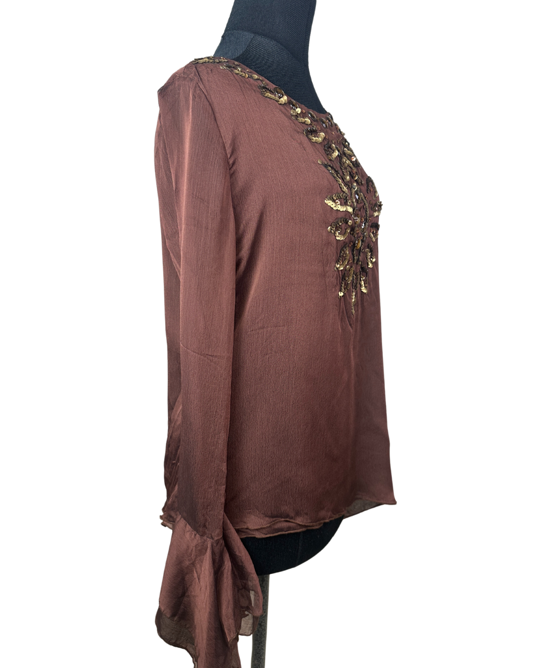 Sequin Embroidered Asymmetrical Blouse with Bell Sleeves