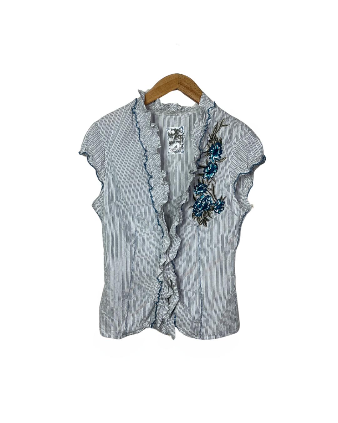 Vintage DEPT Striped Ruffle Blouse with Embroidery – Medium