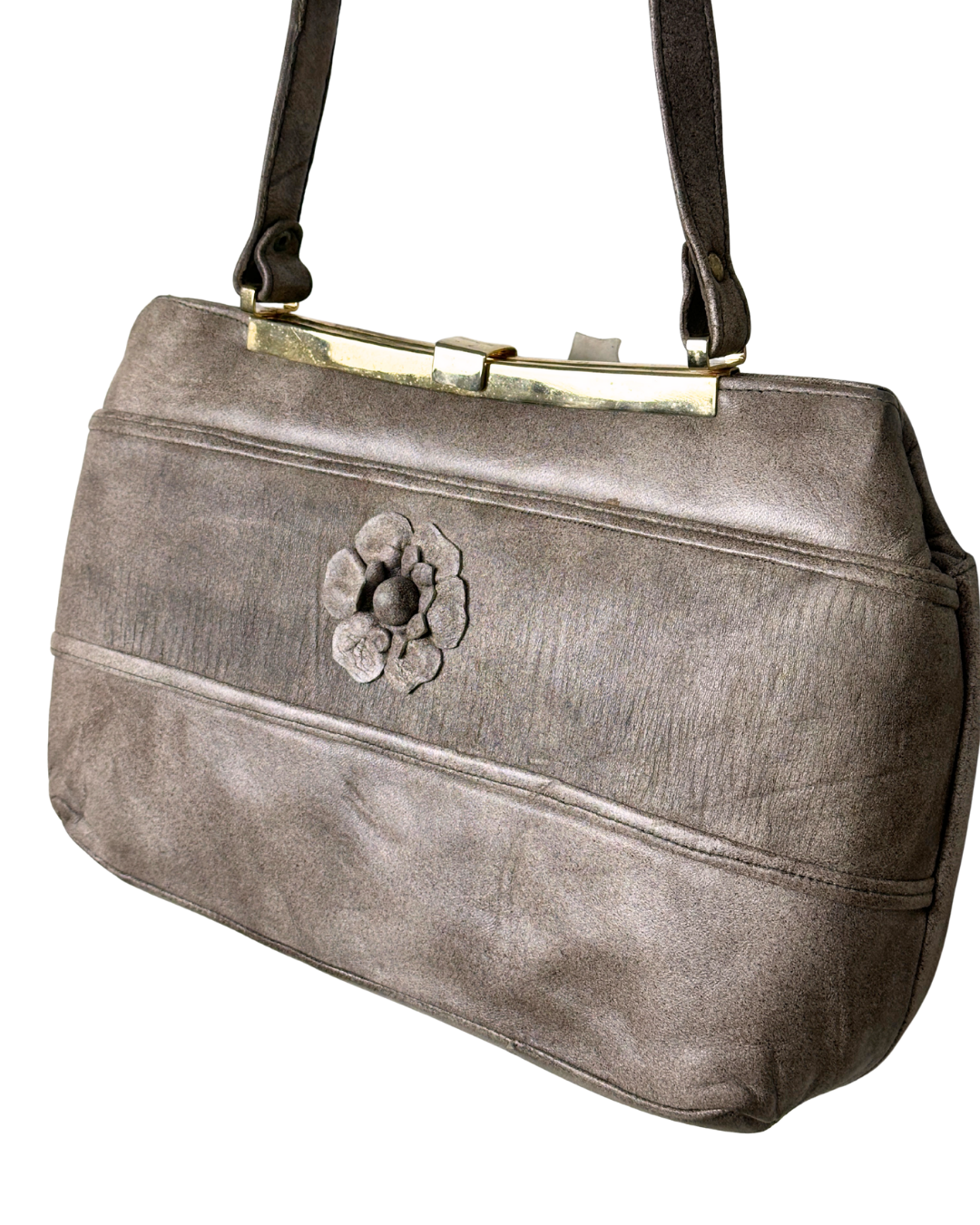 Vintage Genuine Leather Shoulder Bag with Floral Accent