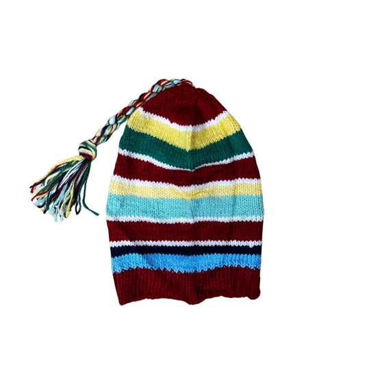 Striped Knit Beanie with Braided Tassel