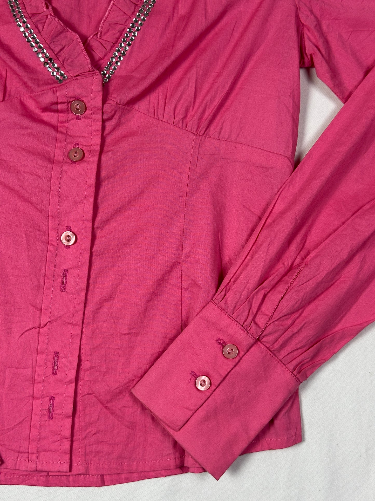 Viva Boutique Couture Hot Pink Rhinestone Trim Ruffle Neck Fitted Shirt - Small