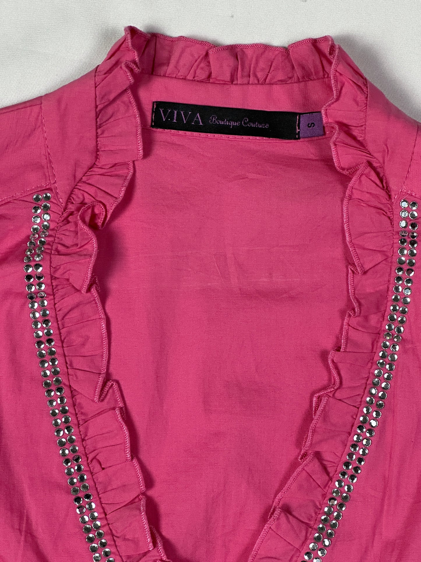 Viva Boutique Couture Hot Pink Rhinestone Trim Ruffle Neck Fitted Shirt - Small