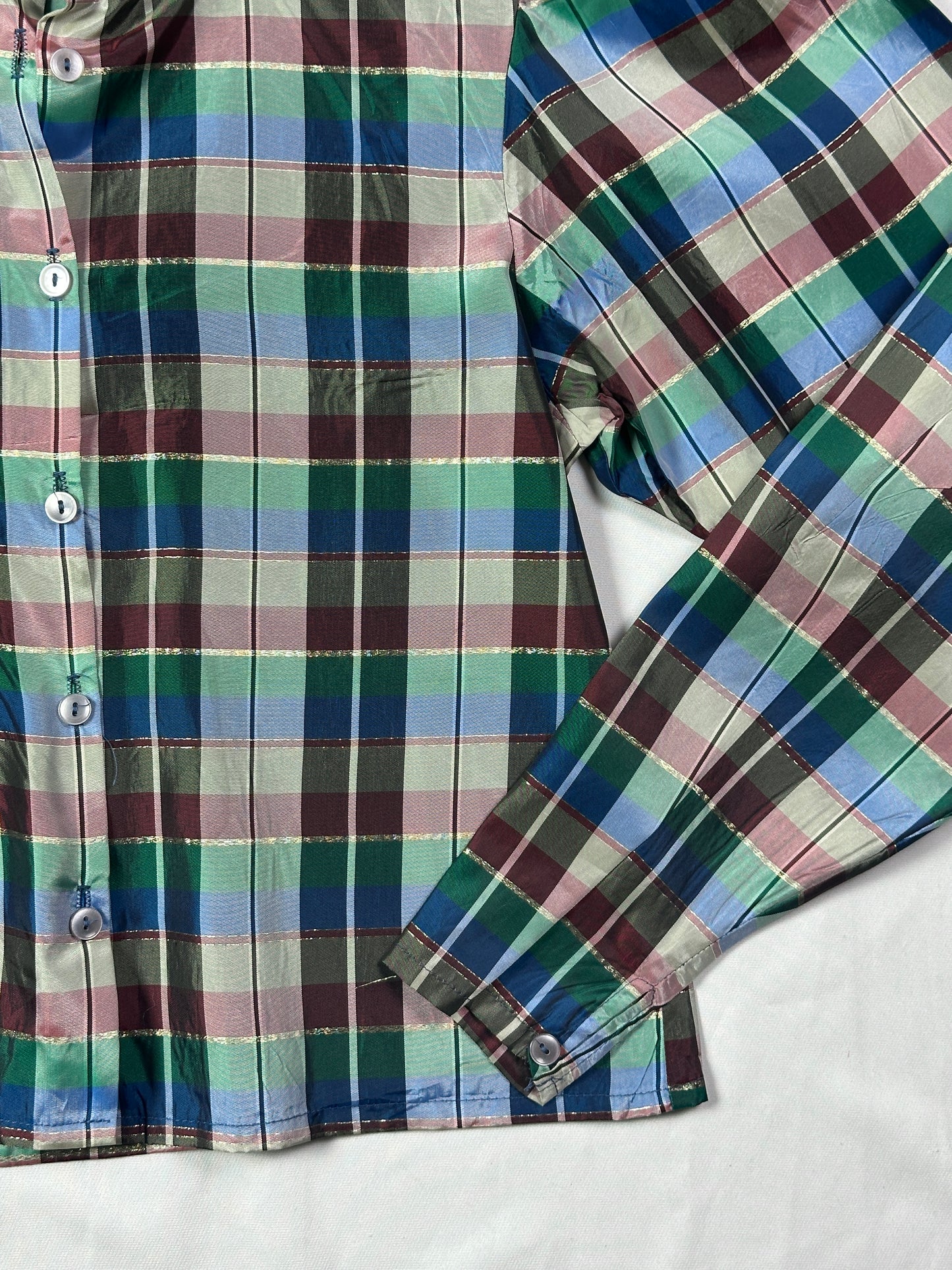 Vintage Verna Spence Plaid Puff Sleeve Cropped Fit Shirt