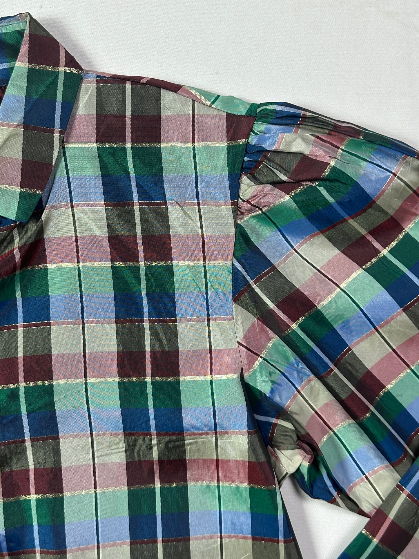 Vintage Verna Spence Plaid Puff Sleeve Cropped Fit Shirt