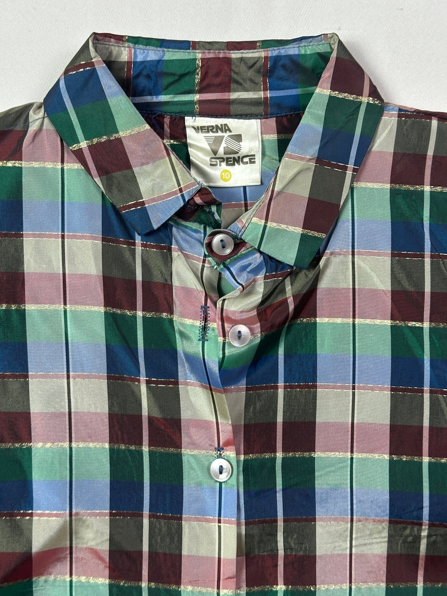 Vintage Verna Spence Plaid Puff Sleeve Cropped Fit Shirt