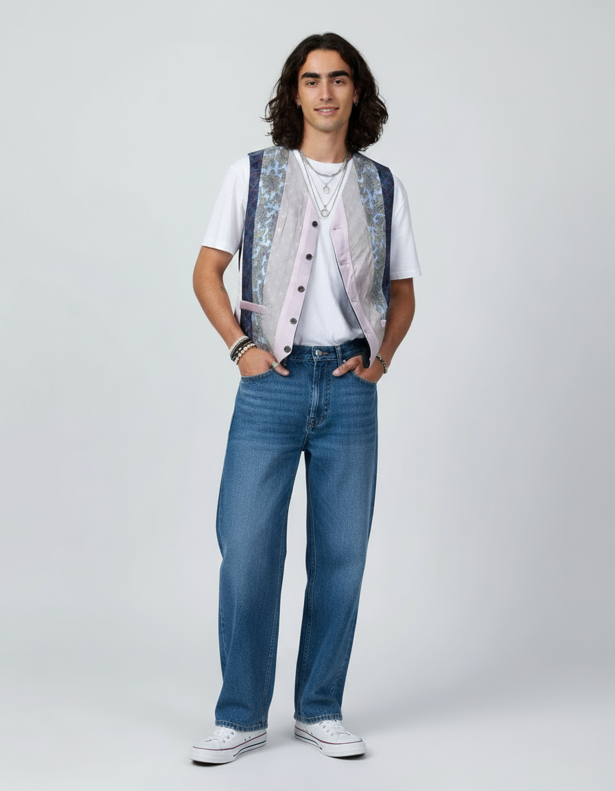 Man wearing a white t-shirt, blue jeans, and a patterned vest on a white background