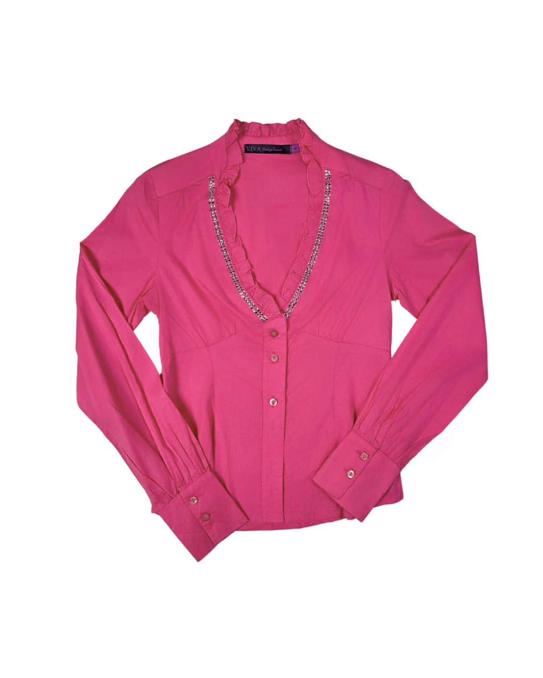 Viva Boutique Couture Hot Pink Rhinestone Trim Ruffle Neck Fitted Shirt - Small