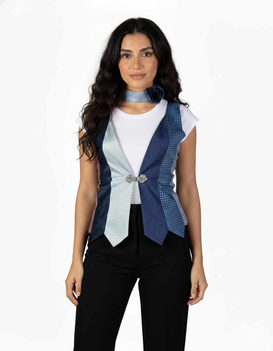 Woman wearing a sleeveless vest with a unique design on a white background