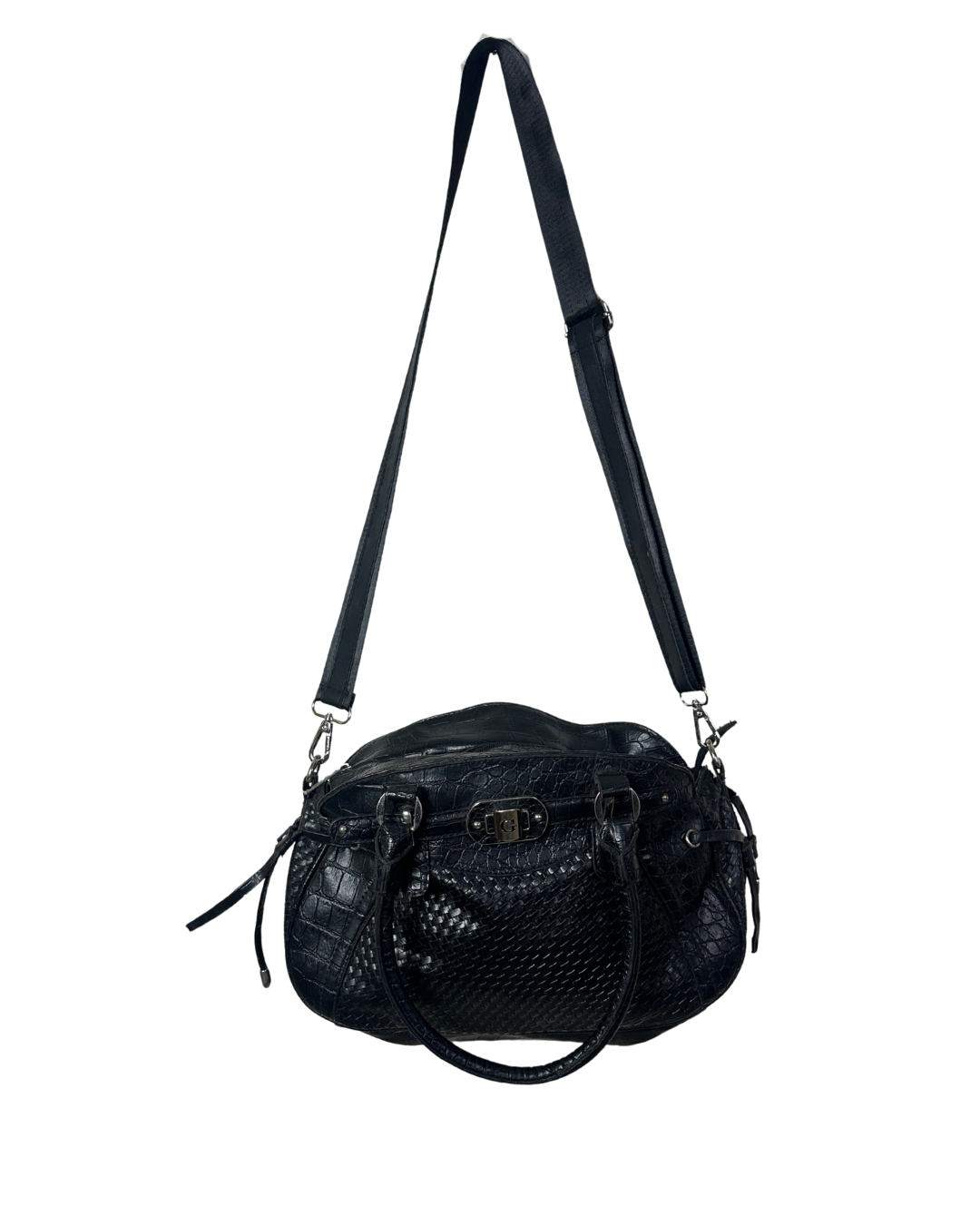 Black textured handbag with a shoulder strap on a white background