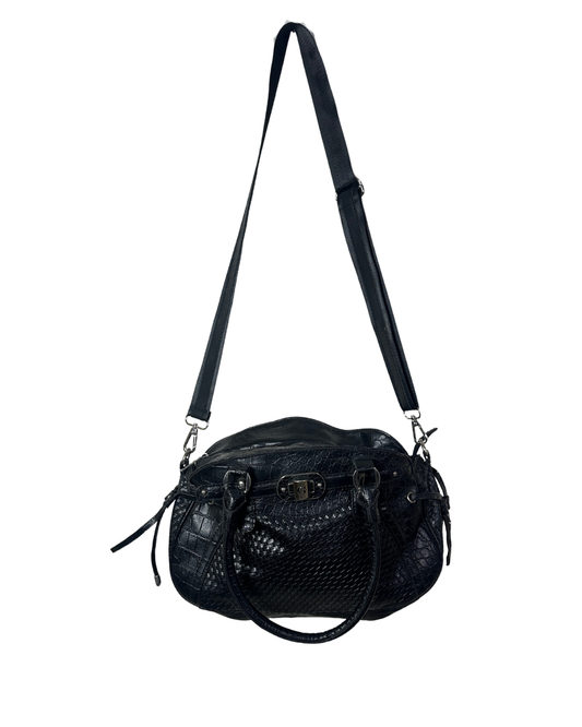 Black textured handbag with a shoulder strap on a white background