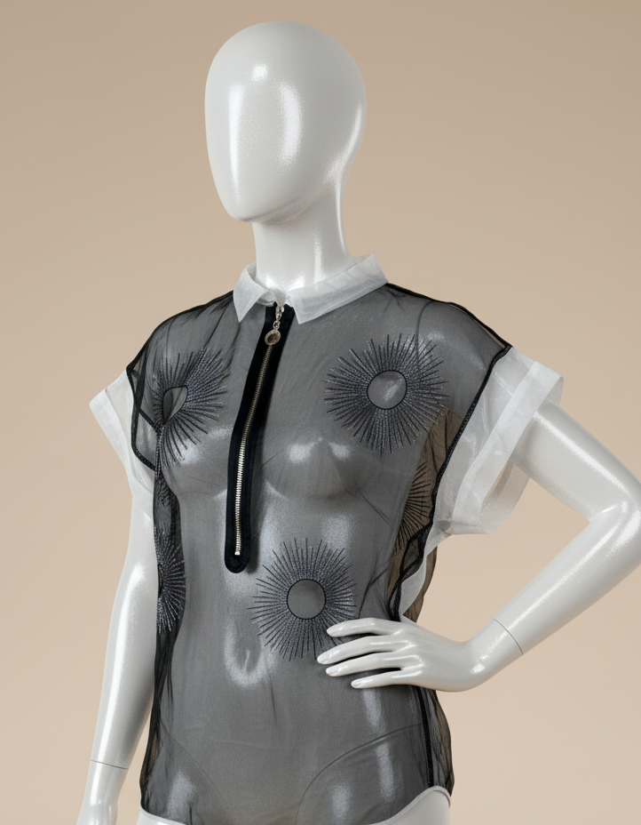 Avant-Garde Metallic Organza Embroidered Zip Top