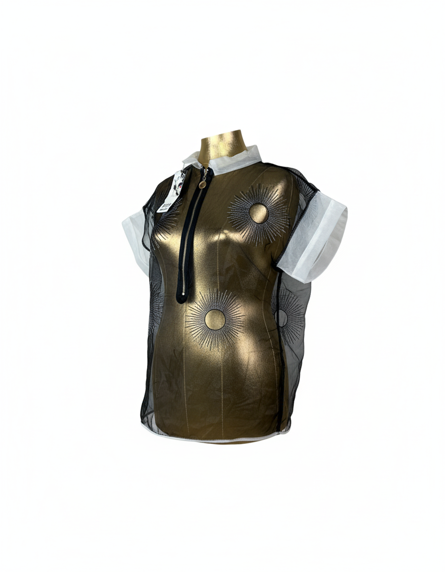 Avant-Garde Metallic Organza Embroidered Zip Top
