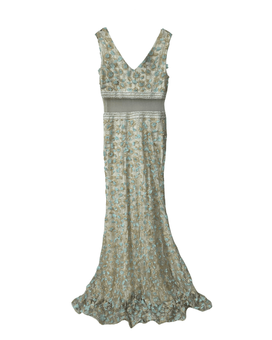 Ivory & Mint Fairycore 3D Floral Appliqués Pearl Beaded Gown - Funkify