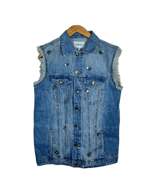Twist Embellished Denim Vest with Raw Edges - Funkify