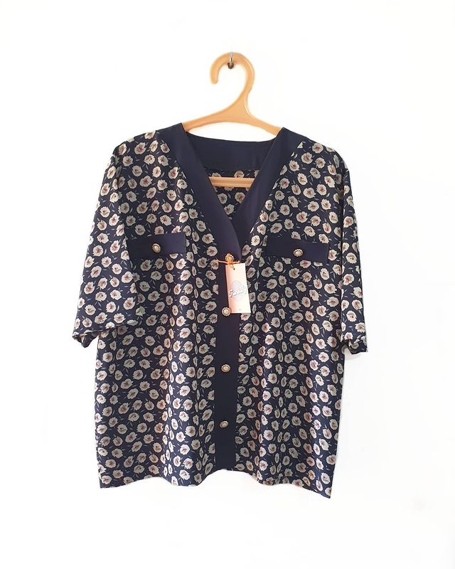 Vintage Navy Blue Foral Blouse