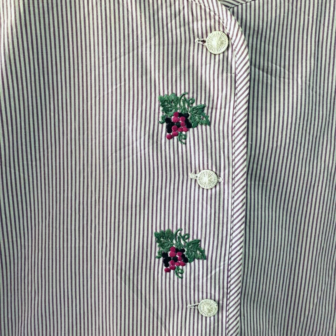 Vintage Puff Sleeve Striped Blouse with Flower Embroidery