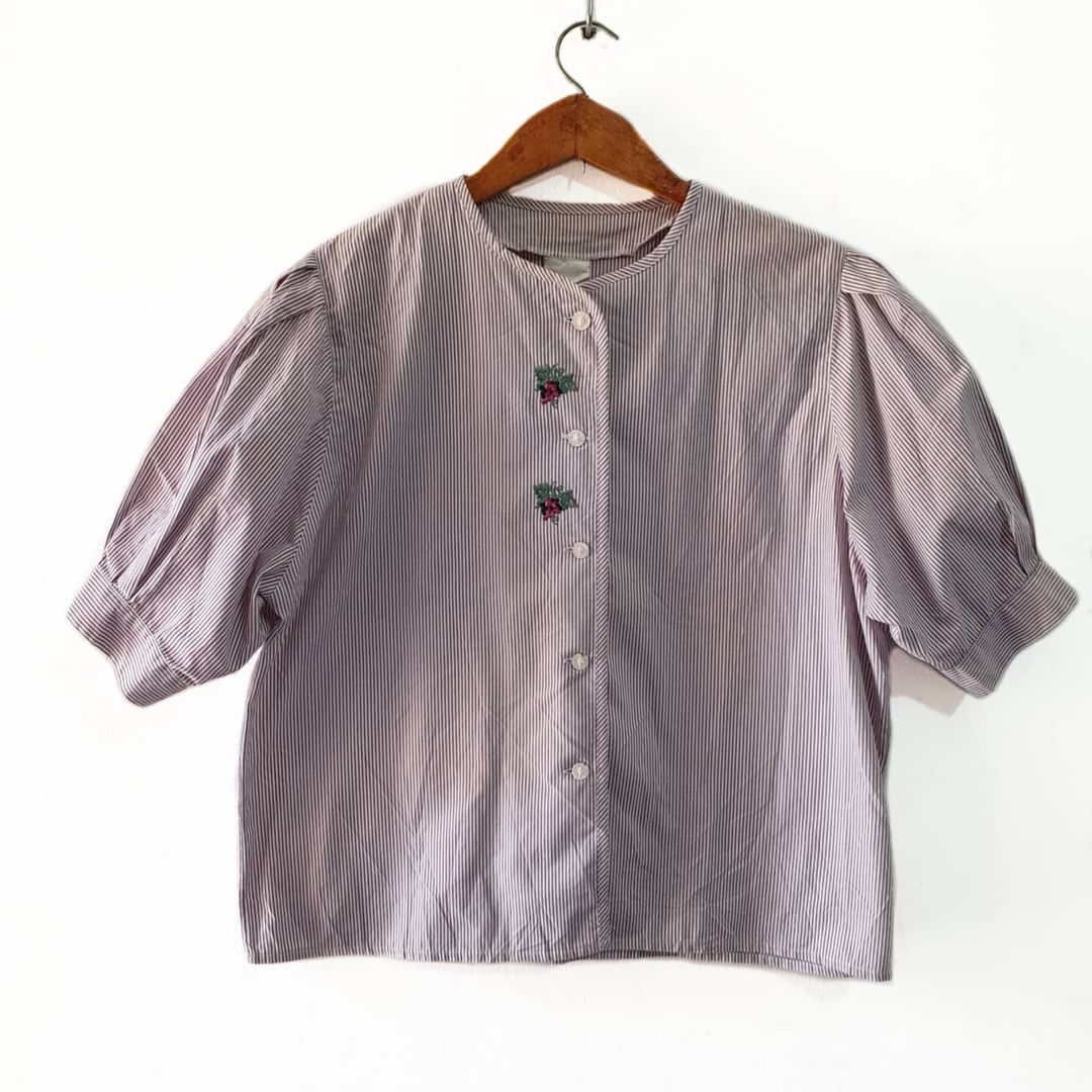 Vintage Puff Sleeve Striped Blouse with Flower Embroidery