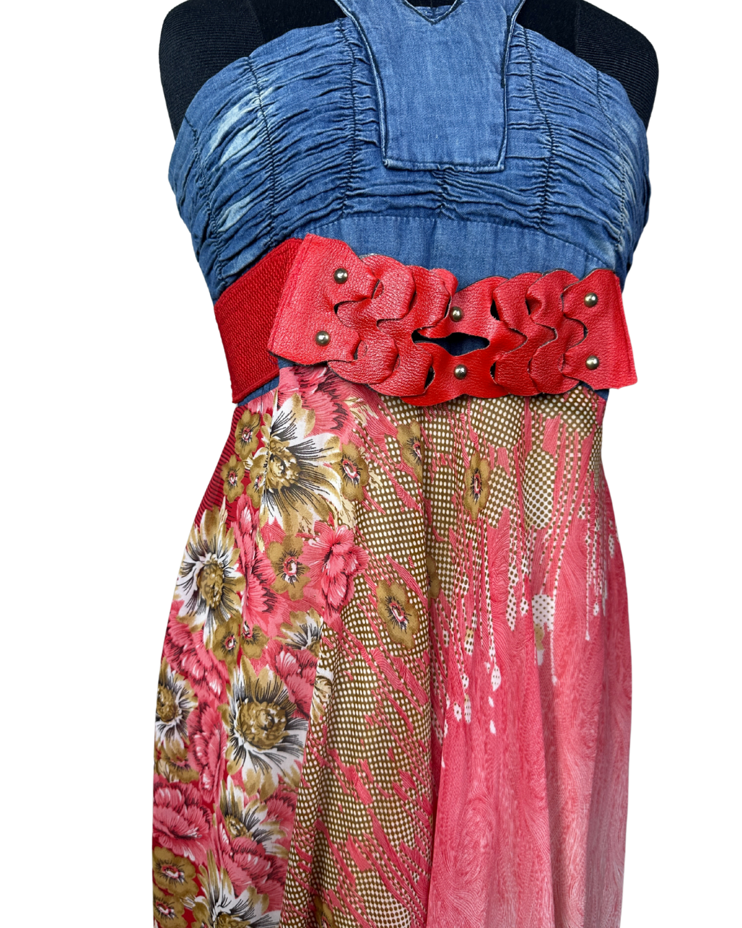 00s Y2K Halter Maxi Dress with Denim Bodice & Red Leather Belt Detail - Funkify
