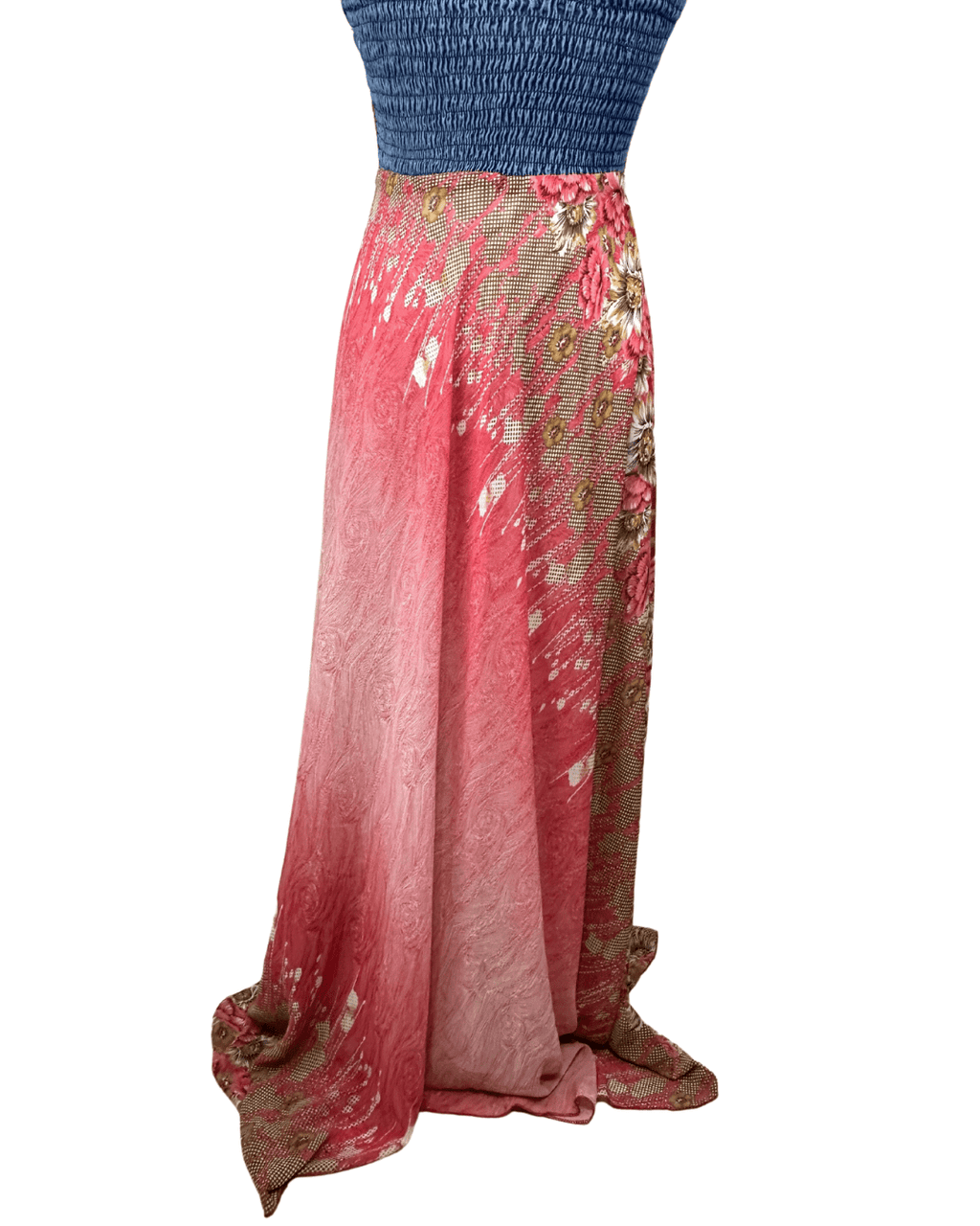 00s Y2K Halter Maxi Dress with Denim Bodice & Red Leather Belt Detail - Funkify