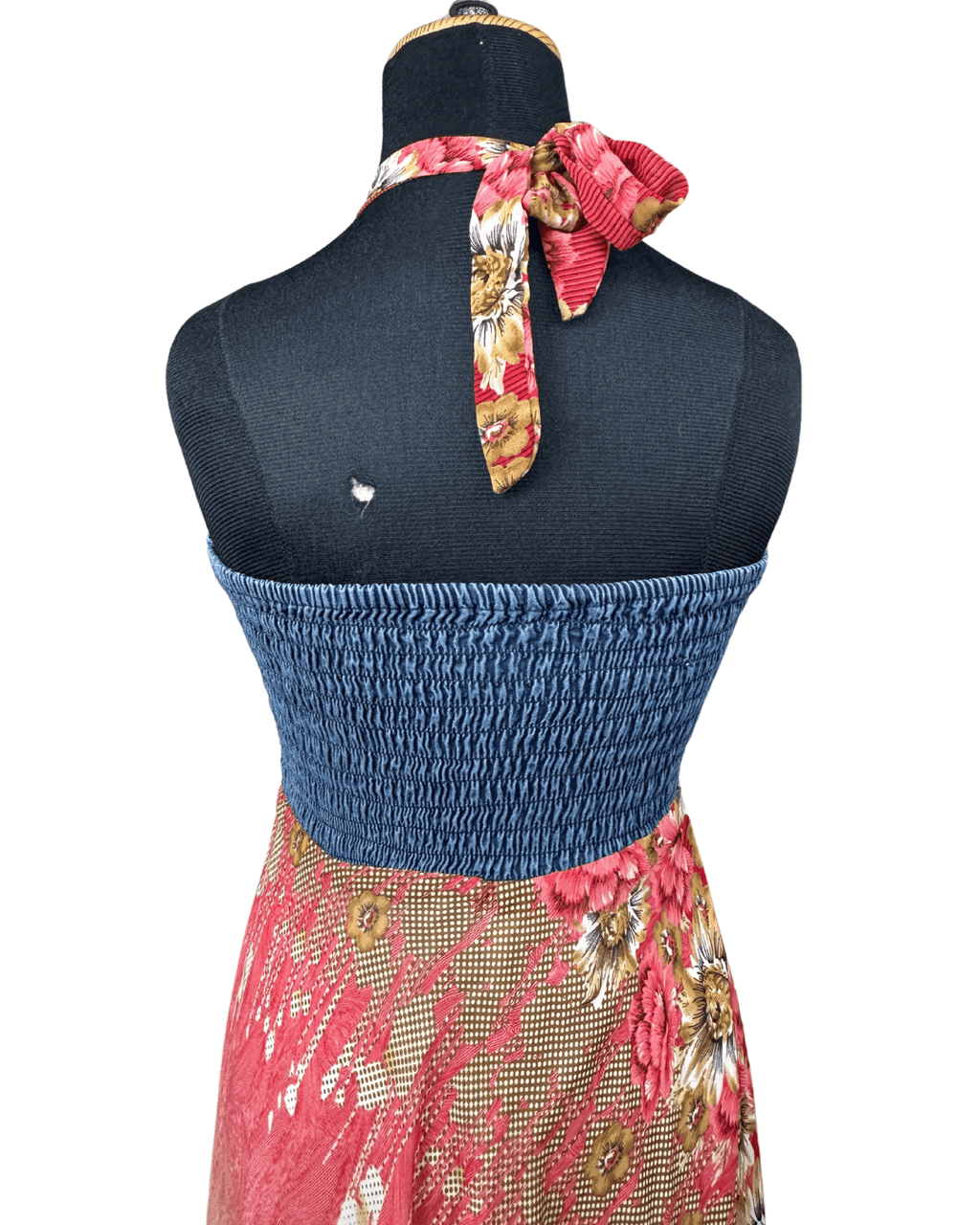 00s Y2K Halter Maxi Dress with Denim Bodice & Red Leather Belt Detail - Funkify