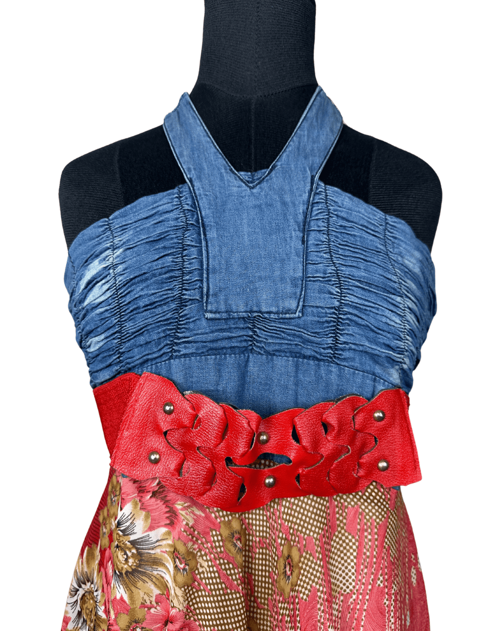 00s Y2K Halter Maxi Dress with Denim Bodice & Red Leather Belt Detail - Funkify