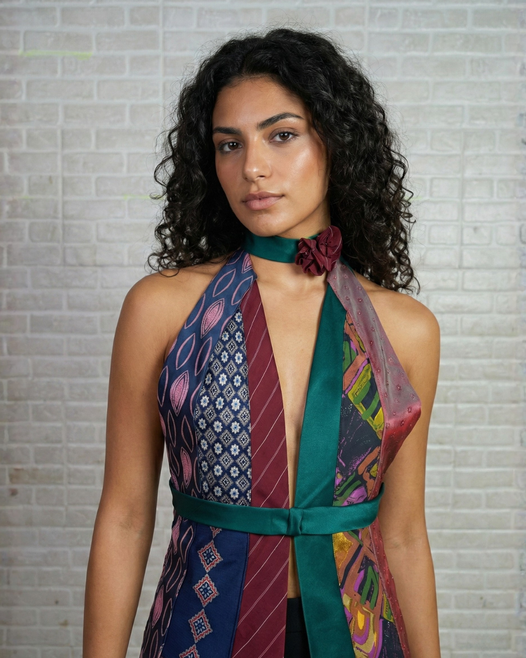 Handmade Upcycled Necktie Halter Vest Top w/ Corset Back & Choker - Medium to XL