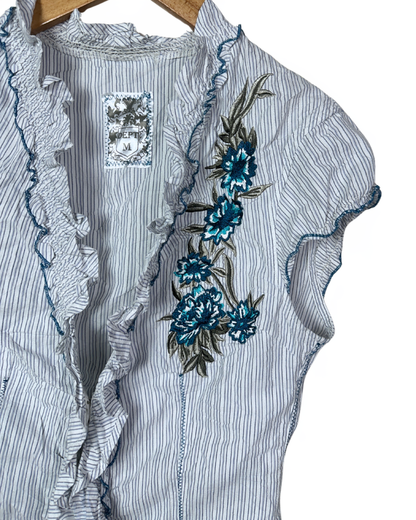 Vintage DEPT Striped Ruffle Blouse with Embroidery – Medium