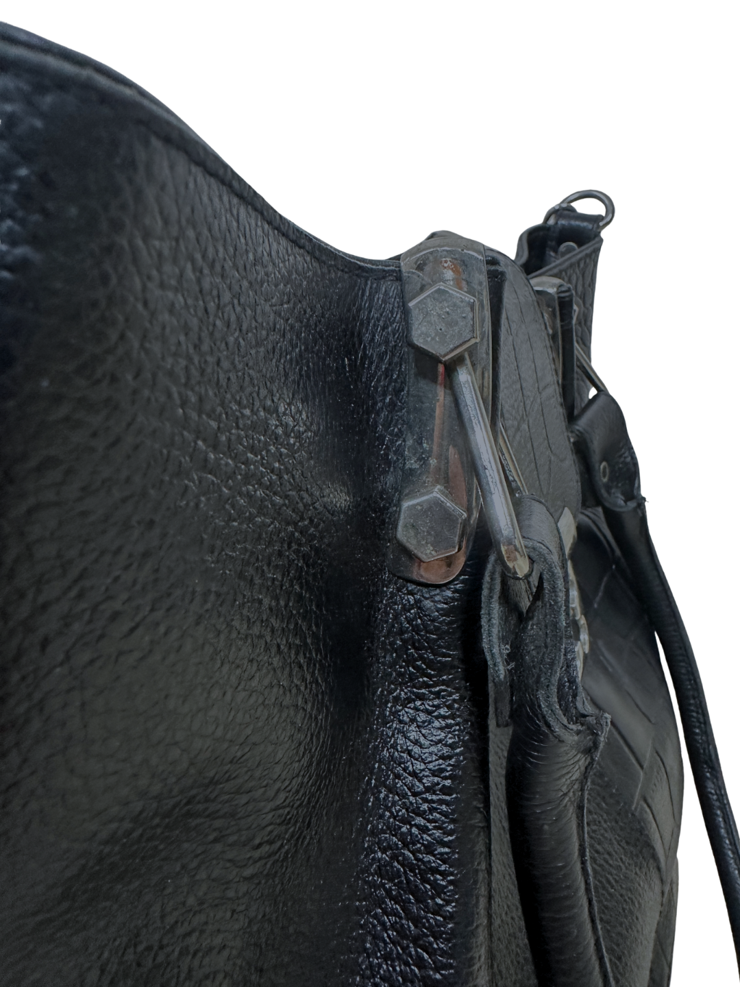 Mixed-Texture Genuine Leather  Shoulder Bag with Strap