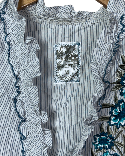 Vintage DEPT Striped Ruffle Blouse with Embroidery – Medium