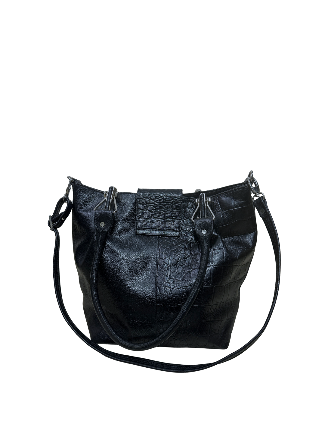Mixed-Texture Genuine Leather  Shoulder Bag with Strap