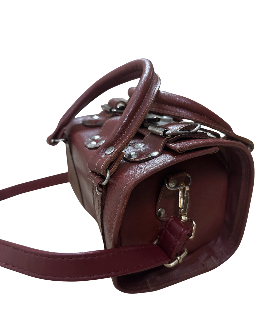 90s Multi-Buckle Cylinder Leather Crossbody Bag with Top Handle