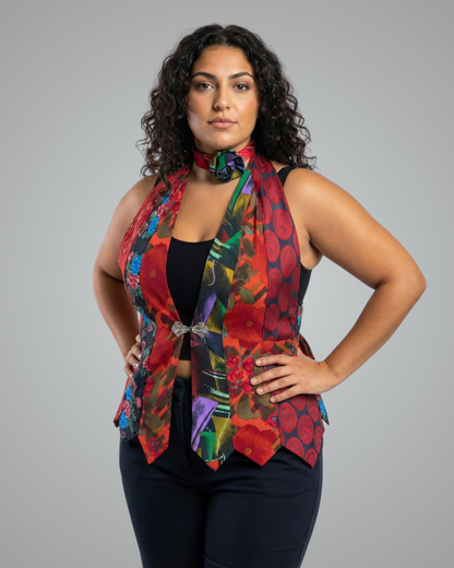 Woman wearing a colorful scarf with a pattern of red, green, and blue on a gray background