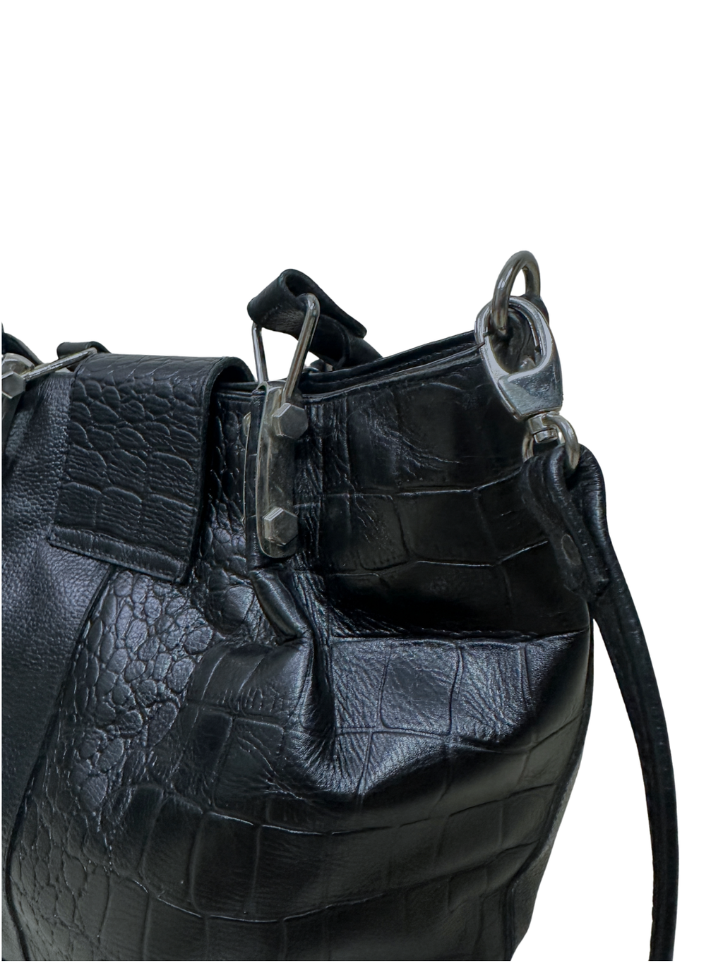 Mixed-Texture Genuine Leather  Shoulder Bag with Strap