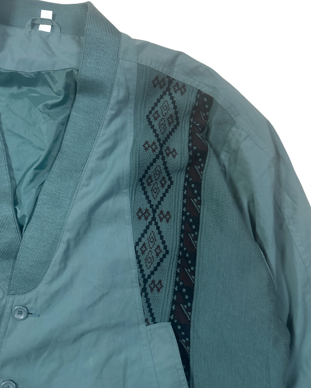 Vintage 80s Teal Knit Panel V-Neck Cardigan Jacket - XL