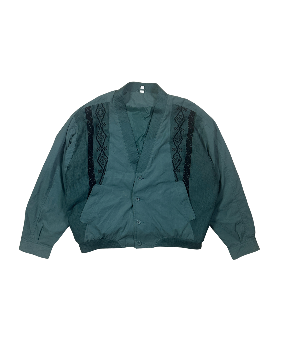 Vintage 80s Teal Knit Panel V-Neck Cardigan Jacket - XL