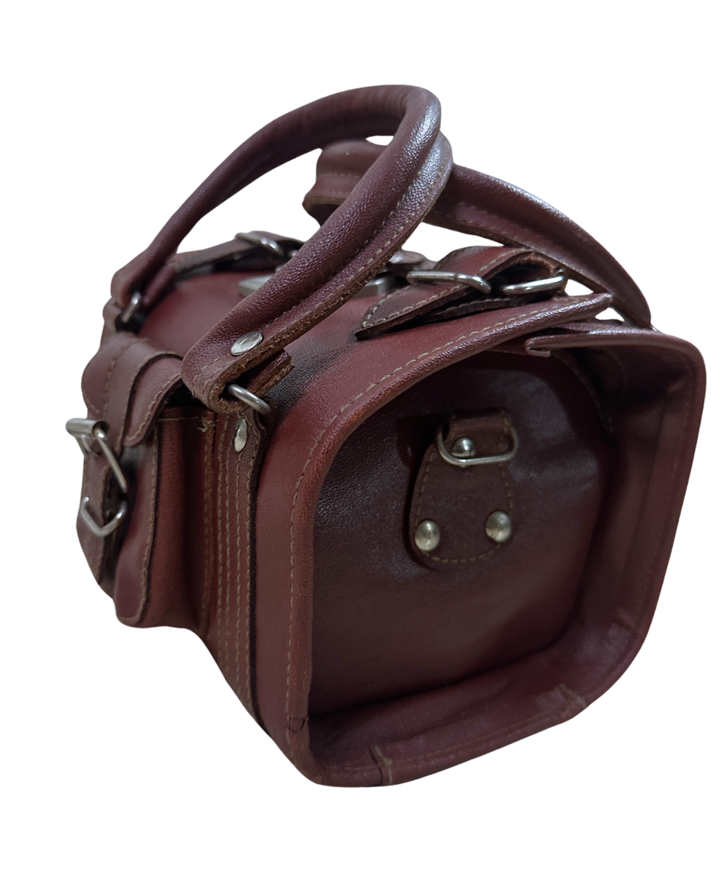 90s Multi-Buckle Cylinder Leather Crossbody Bag with Top Handle