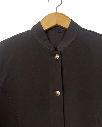 Mandarin Collar Brown Women's Shirt with Gold Crest Buttons