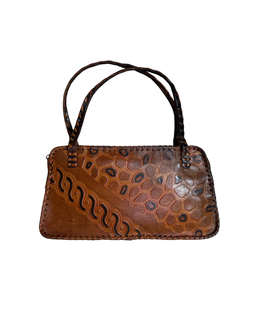 Vintage 70s Whipstitch Embossed Brown Genuine Leather Handbag