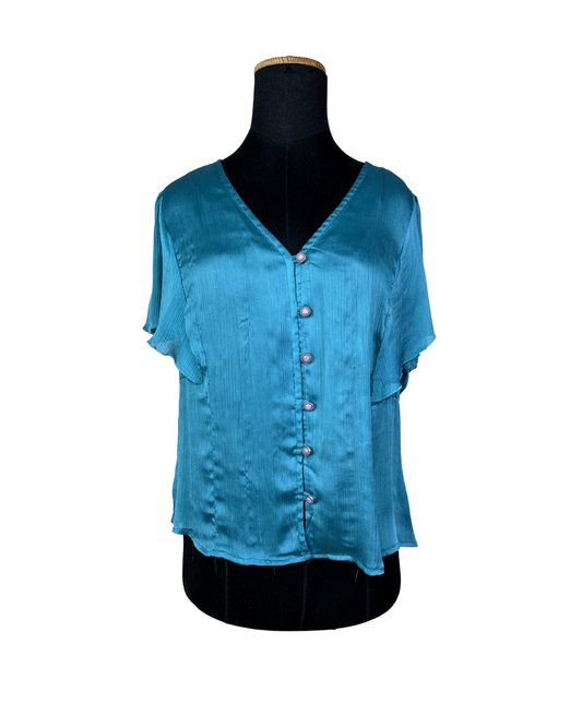 Le Mirage Teal Satin Button Up Blouse