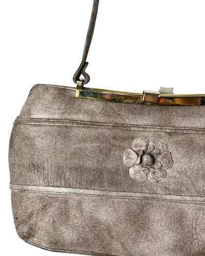Vintage Genuine Leather Shoulder Bag with Floral Accent