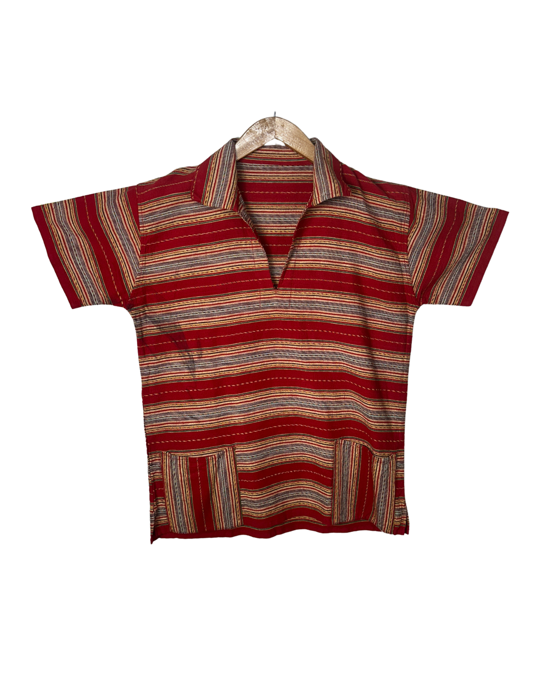 Vintage Red Striped Woven Polo Shirt with Front Pockets -  Medium