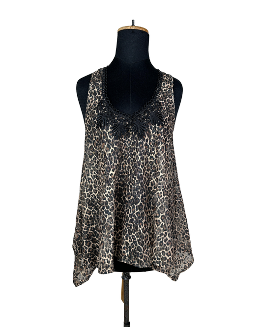 River Island Assymetrical Leopard Tank Top with Lace Trim