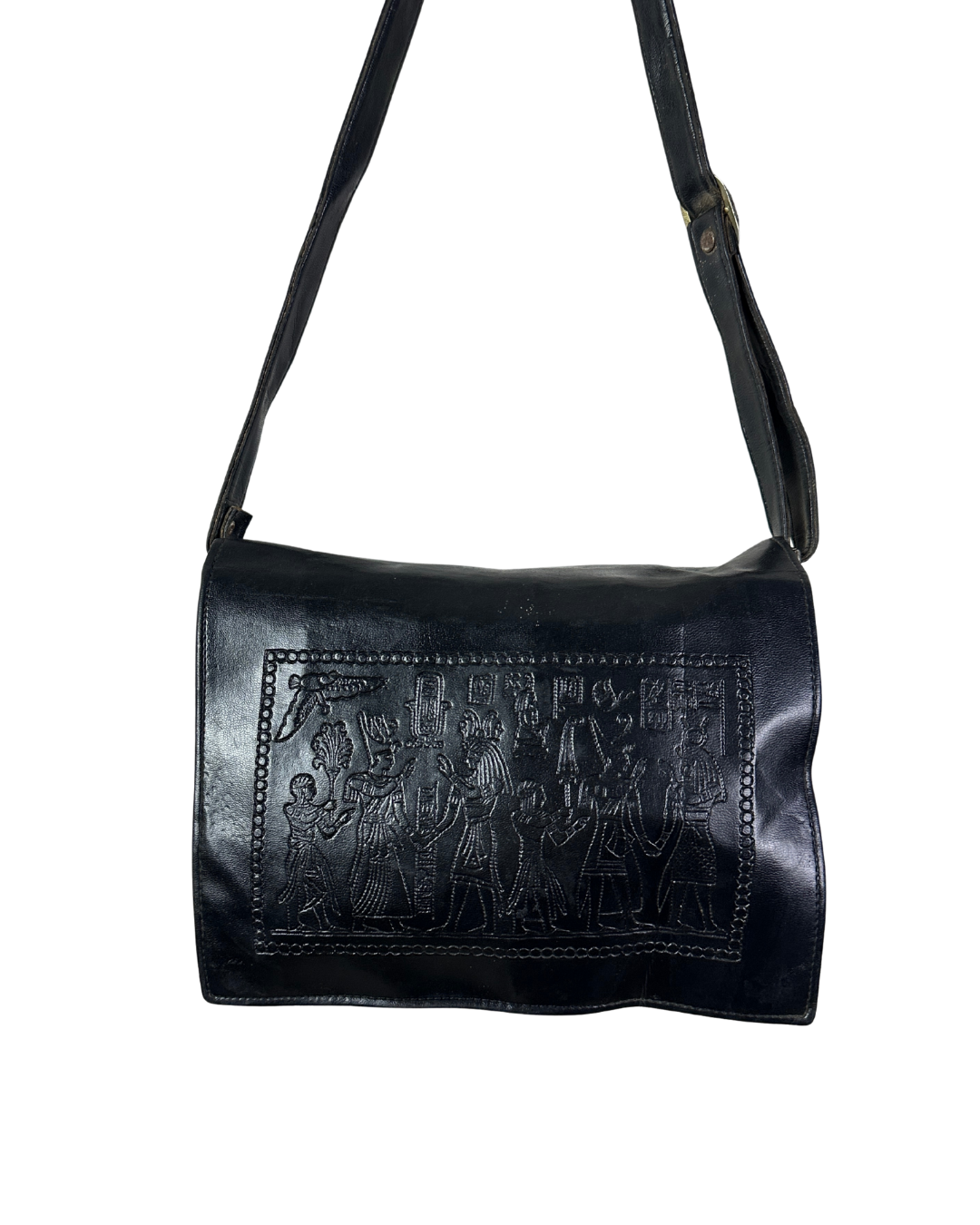 Vintage Hieroglyphic Embossed Genuine Leather Shoulder Bag