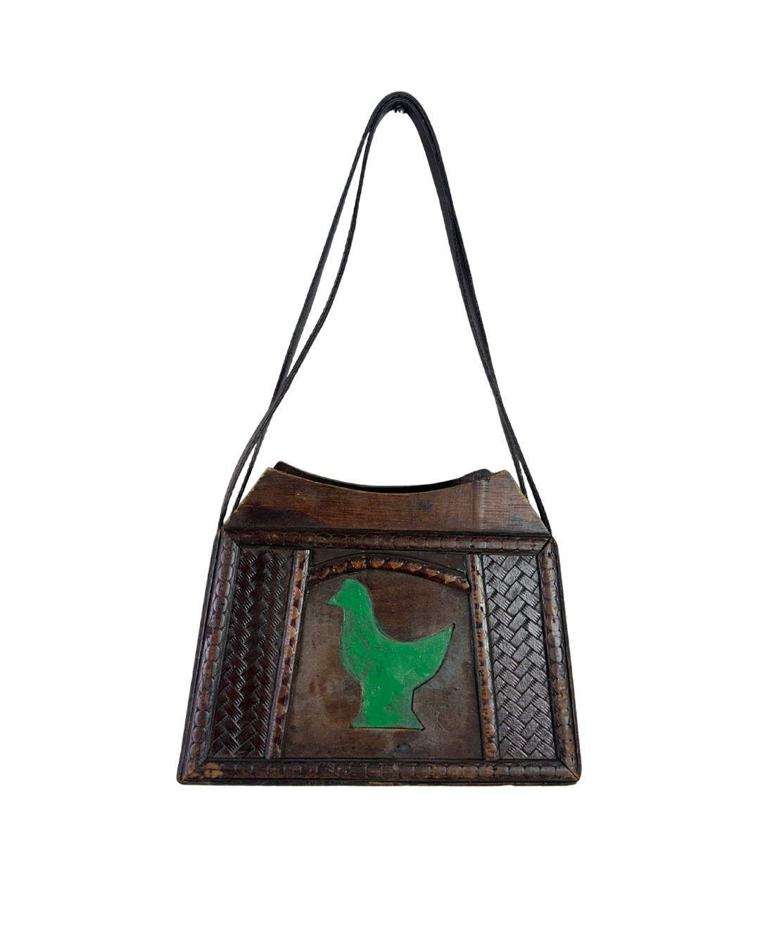 Vintage 70s Handcrafted Wooden Folk Art Shoulder Bag